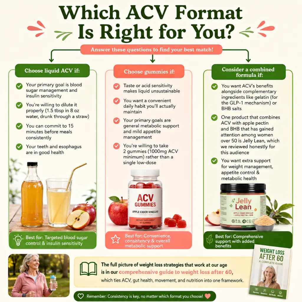 ACV Gummies vs Liquid: Infographic comparing liquid apple cider vinegar with ACV gummies, showing three paths to choose from depending on blood sugar goals, taste tolerance, convenience, and added support ingredients