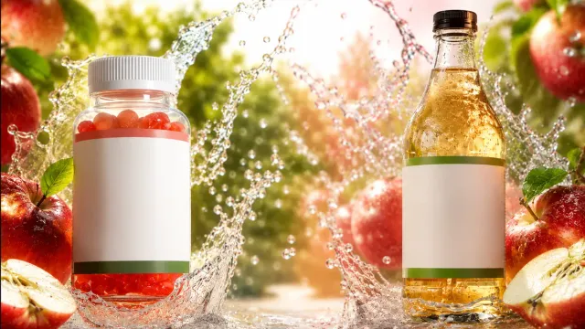 Apple cider vinegar gummies in a clear bottle beside a glass bottle of liquid ACV with splashing water and apples in a bright outdoor setting