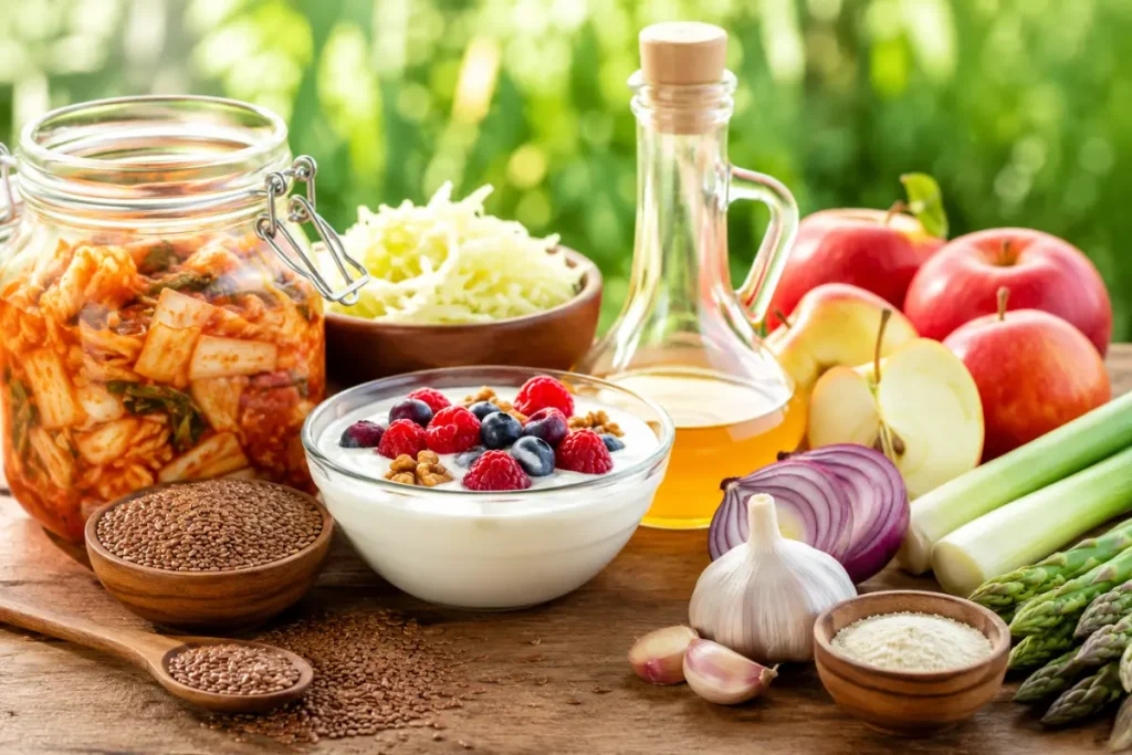 Prebiotic and probiotic foods for gut health and belly fat after menopause including yogurt, flaxseed, kimchi, and apple cider vinegar