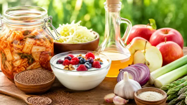 Prebiotic and probiotic foods for gut health and belly fat after menopause including yogurt, flaxseed, kimchi, and apple cider vinegar