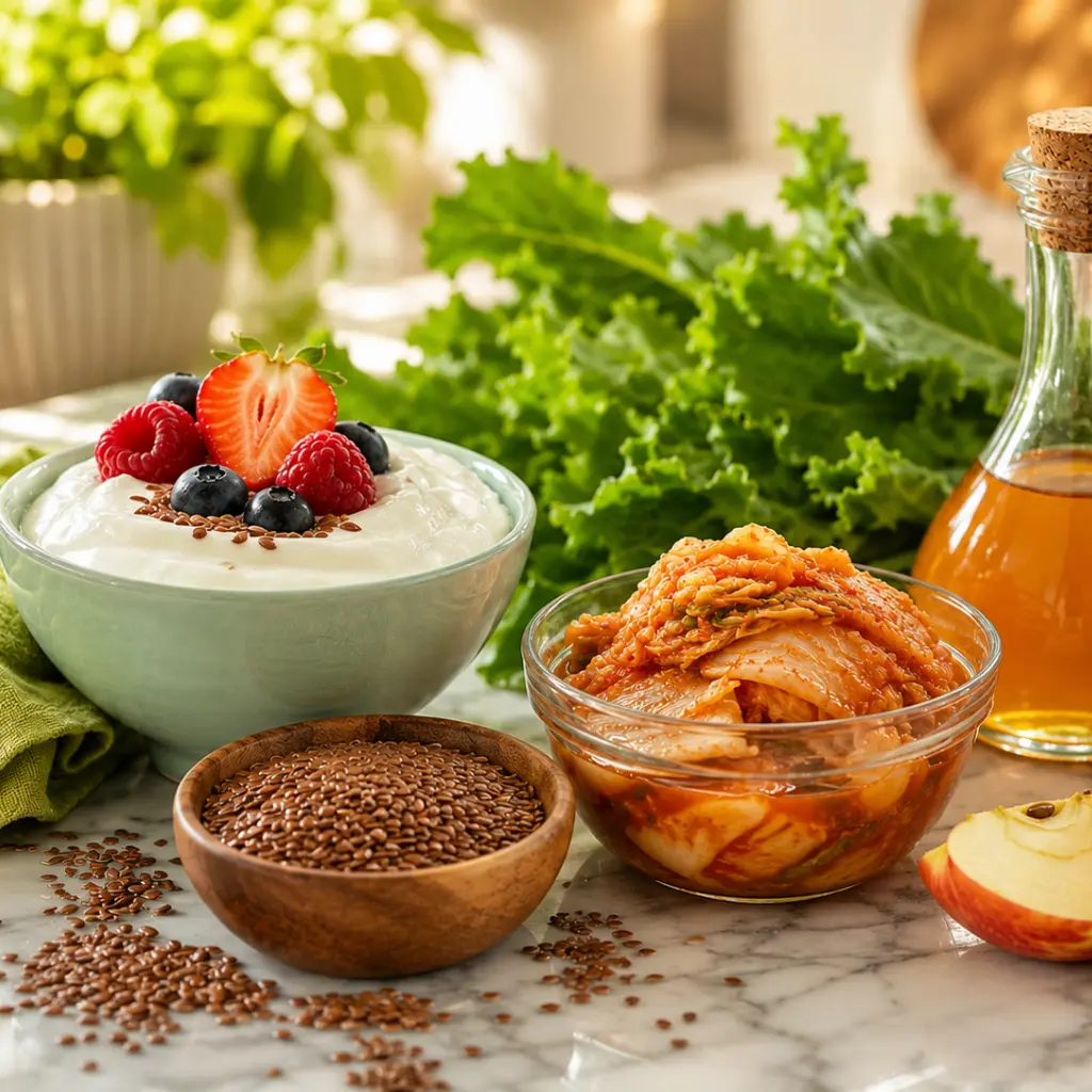 Gut health and belly fat after menopause: Infographic showing three gut bacteria strains that reduce belly fat after menopause with food sources