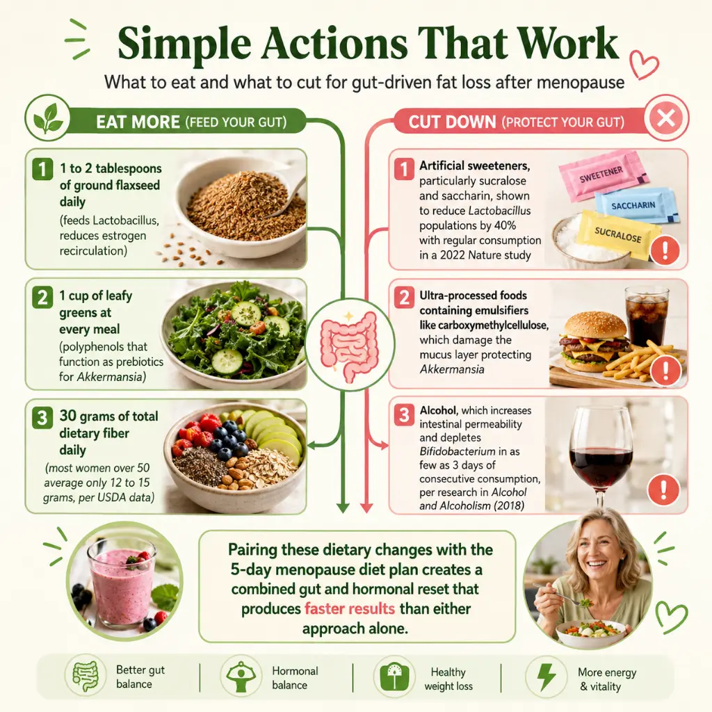 Infographic comparing foods to eat more of and foods to cut for gut-driven fat loss after menopause, including flaxseed, leafy greens, fiber-rich meals, artificial sweeteners, ultra-processed foods, and alcohol

