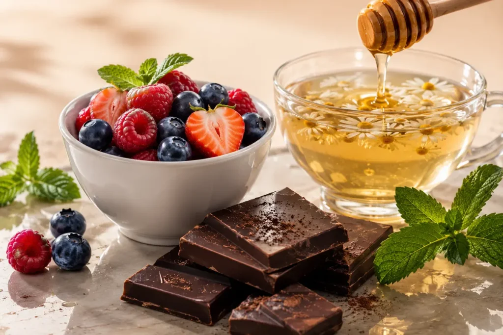 Healthy alternatives to stop sugar cravings after menopause including berries, dark chocolate, and herbal tea