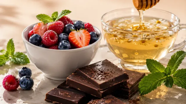 Healthy alternatives to stop sugar cravings after menopause including berries, dark chocolate, and herbal tea