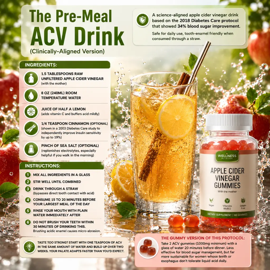 Infographic comparing apple cider vinegar gummies and a pre-meal liquid ACV drink with apples, water splash, and a glass of vinegar-based morning tonic