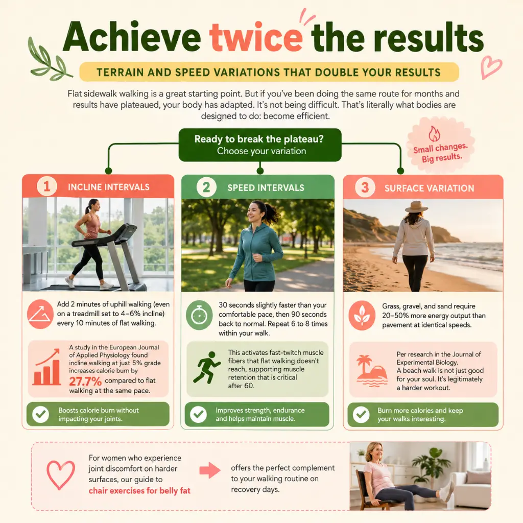 Walking for Weight Loss Over 60: Infographic showing walking for weight loss over 60 with incline intervals, speed intervals, and surface variation on treadmill, park path, and beach, plus chair exercise recovery tip