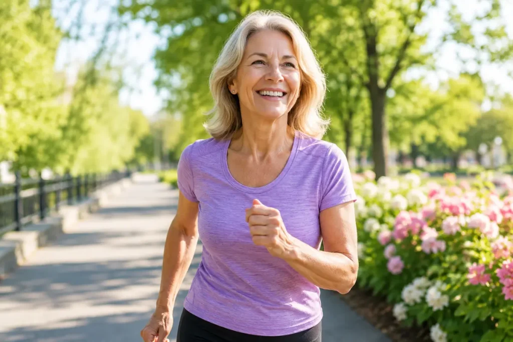 walking for weight loss over 60: Woman over 60 doing purposeful walking for weight loss on a sunny coastal trail