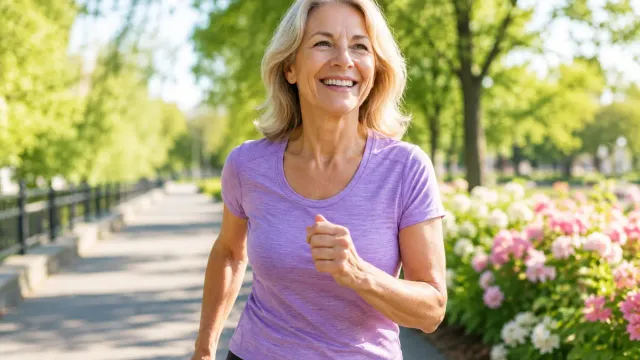 walking for weight loss over 60: Woman over 60 doing purposeful walking for weight loss on a sunny coastal trail