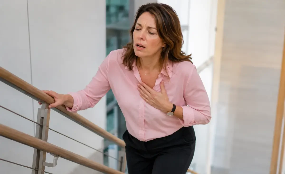 Low Energy and Circulation After 50: woman over 50 low energy circulation fatigue symptoms pausing stairs