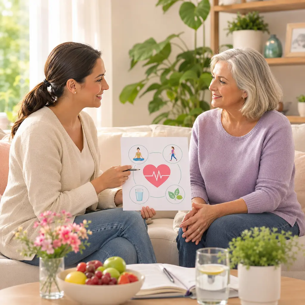 heart palpitations and fatigue: Infographic explaining what women over 50 should do when heart palpitations persist, including recognizing symptoms, practicing calm breathing, checking pulse rate, resting, tracking symptoms, and seeking medical help when needed.