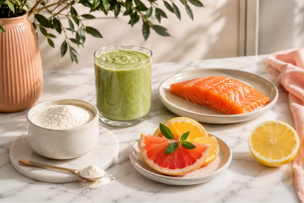 Collagen for Women Over 50: The Most Powerful Truth About What Actually Helps 5 Collagen for women over 50, collagen powder, salmon, citrus and greens on a morning table