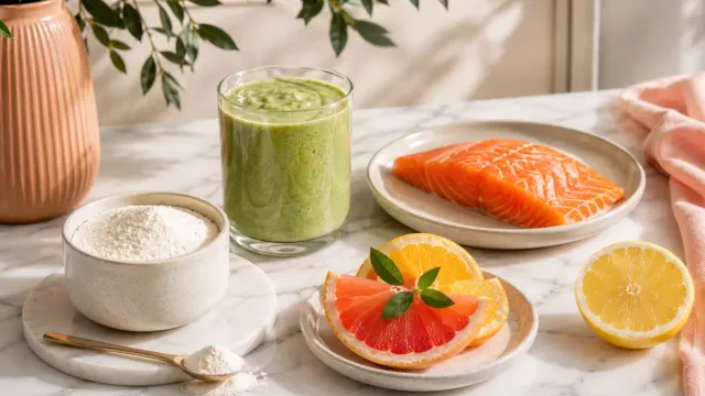 Collagen for women over 50, collagen powder, salmon, citrus and greens on a morning table