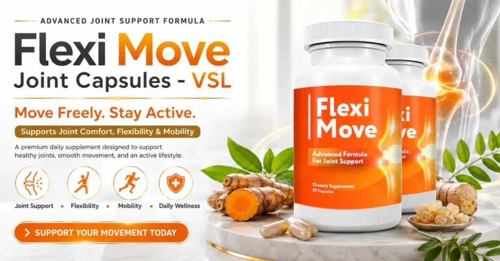 Flexi Move Joint Capsules supplement bottles displayed with natural ingredients and joint health imagery, highlighting support for flexibility, mobility, joint comfort, and active living.