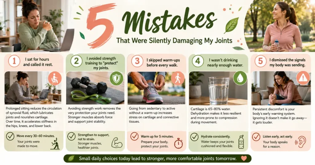 Infographic explaining five common mistakes that can worsen joint stiffness, including prolonged sitting, skipping strength training, avoiding warm-ups, inadequate hydration, and ignoring early warning signs of joint discomfort.