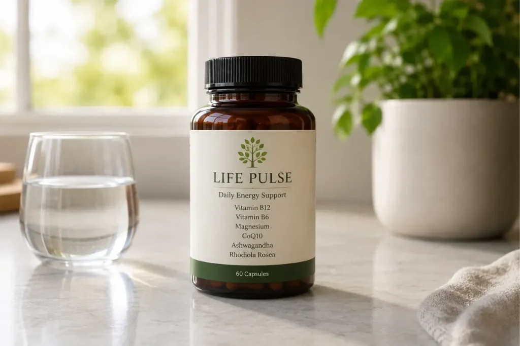 Life Pulse supplement with vitamin B12 magnesium CoQ10 and adaptogenic ingredients