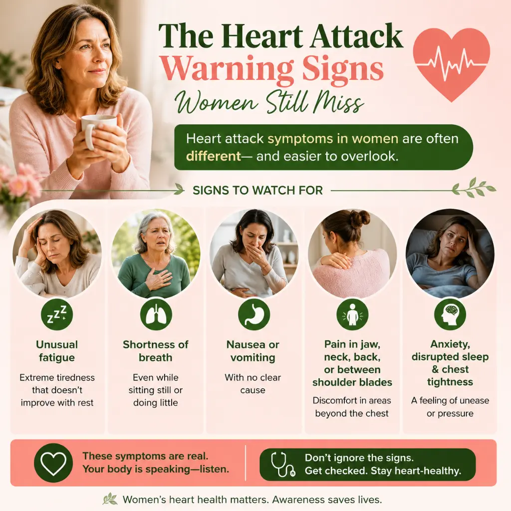 Menopause and Heart Health: Infographic highlighting common heart attack warning signs in women, including unusual fatigue, shortness of breath, nausea, pain in the jaw, neck or back, chest tightness, and sleep disturbances. 