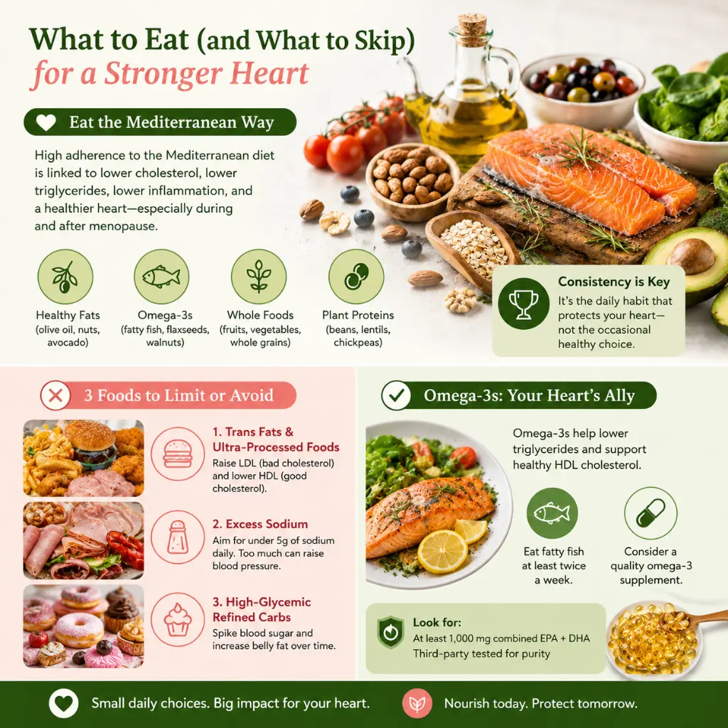 Infographic showing heart-healthy foods for menopause, including salmon, olive oil, nuts, vegetables, and omega-3s, alongside foods to limit such as processed foods, excess sodium, and refined carbohydrates.