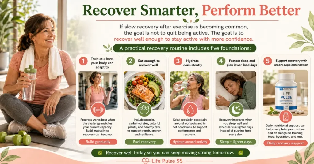 Infographic showing five strategies to improve recovery after exercise, including gradual training, proper nutrition, hydration, quality sleep, and recovery support for active adults over 50.