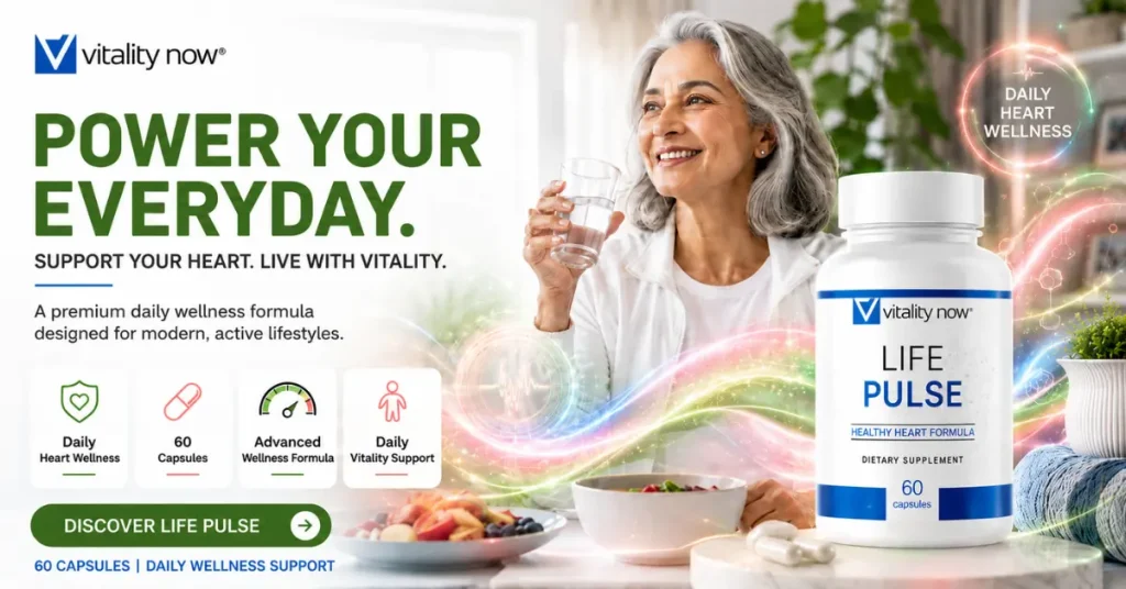 Woman over 50 enjoying a healthy breakfast and drinking water beside a bottle of Life Pulse heart wellness supplement, representing a recovery-focused daily routine that supports heart health and vitality.