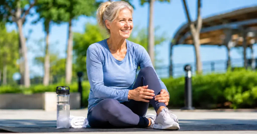Slow recovery after exercise: Active woman over 50 stretching outdoors after exercise, sitting on a fitness mat with a water bottle nearby, representing healthy recovery habits, mobility, and long-term heart wellness.