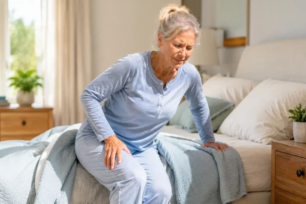 Woman over 50 sitting on the edge of a bed with knee discomfort after physical activity, illustrating slow recovery, joint stiffness, and mobility challenges associated with aging.