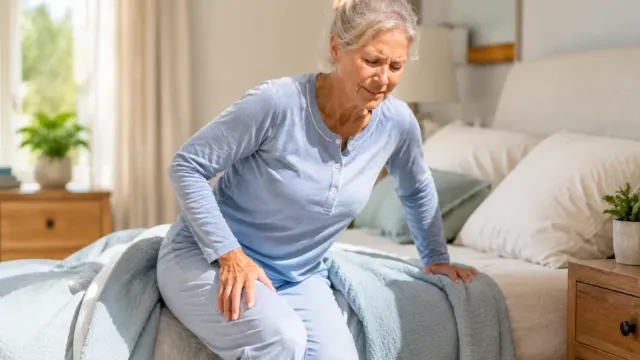 Woman over 50 sitting on the edge of a bed with knee discomfort after physical activity, illustrating slow recovery, joint stiffness, and mobility challenges associated with aging.