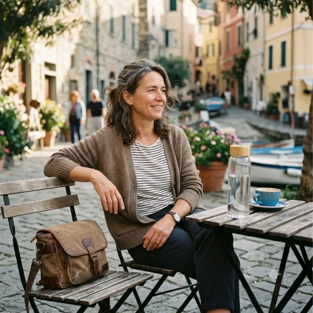 A real solo woman traveler over 50 resting at an outdoor café with a water bottle during travel after 50, looking calm and refreshed