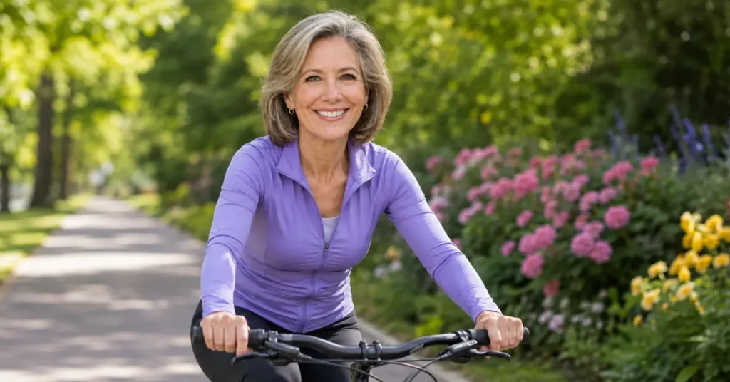 Active woman in her 60s cycling outdoors on a sunny day, representing mobility, joint health, flexibility, and an active lifestyle supported by healthy aging habits.