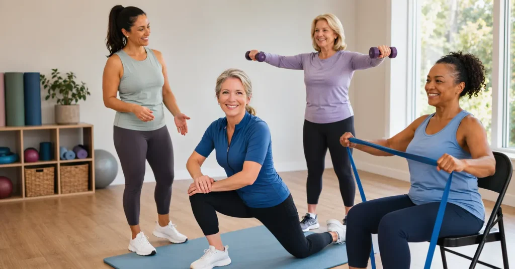Group of active women over 60 participating in a fitness and mobility class, performing stretching and resistance exercises to support joint flexibility, strength, and healthy aging.