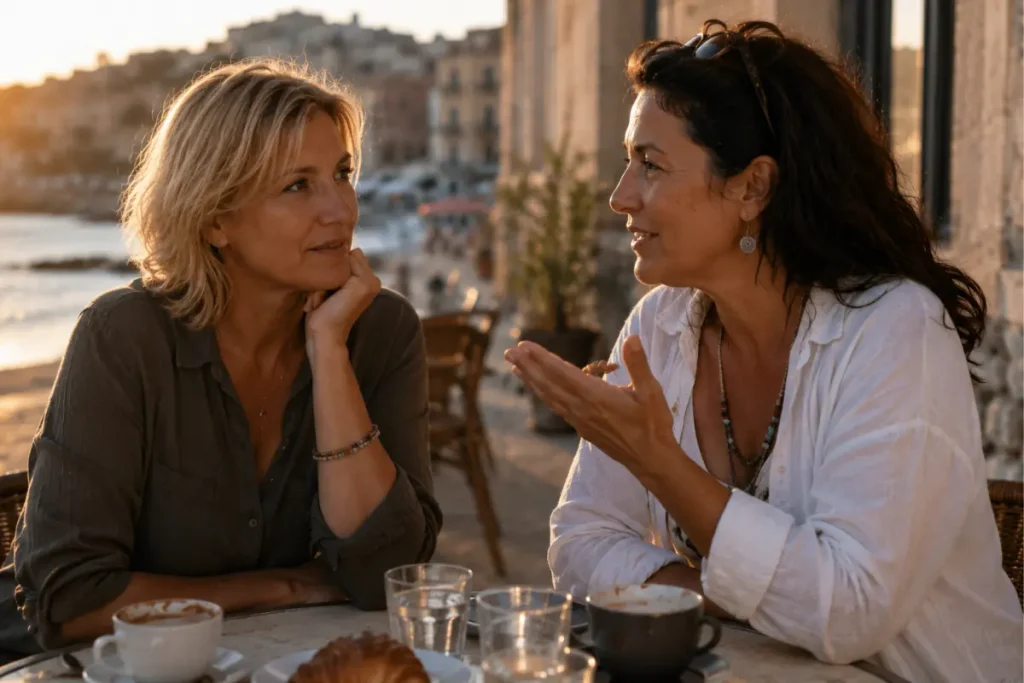 Two women discussing afternoon fatigue over 50 and daily energy challenges