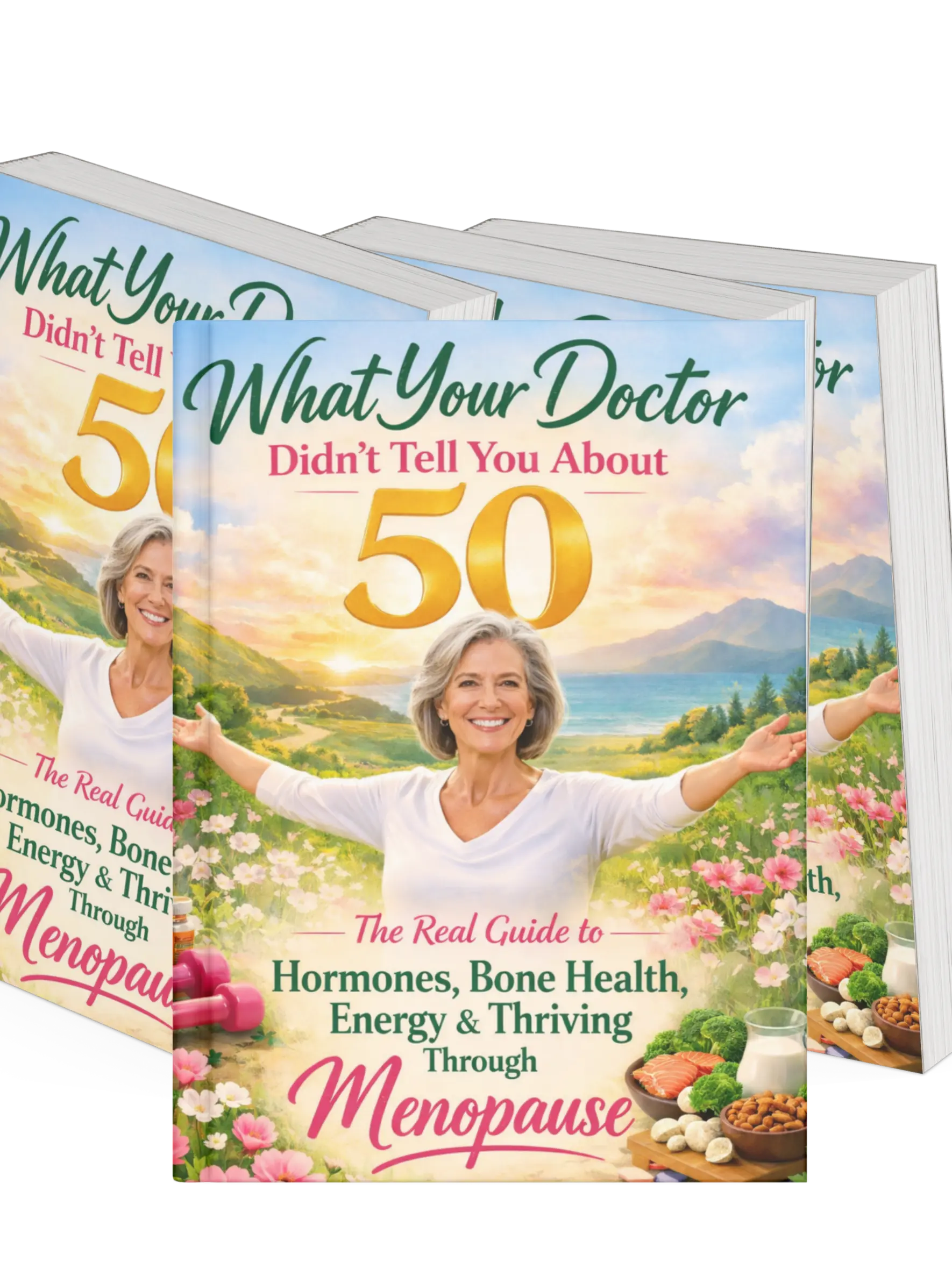 What Your Doctor Didn't Tell You About 50 PDF 1 Multiple copies of the book "What Your Doctor Didn’t Tell You About 50" displayed together, featuring a woman over 50 and topics including menopause, hormones, bone health, energy, and healthy aging.