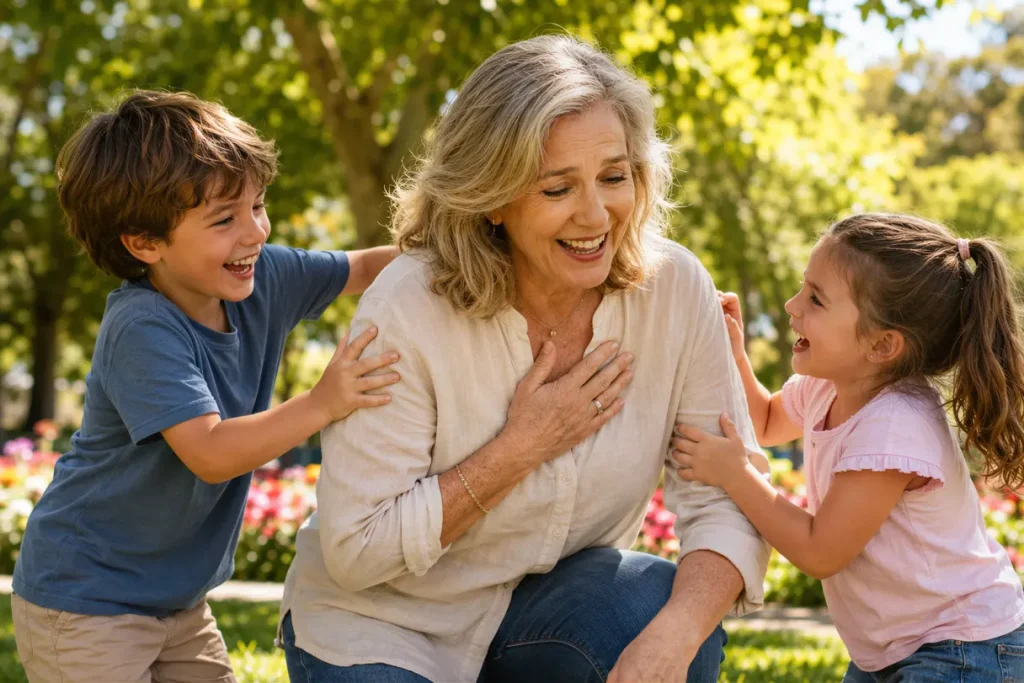 Older woman outdoors with two children, holding her chest while experiencing heart palpitations and fatigue, illustrating common cardiovascular symptoms that can occur during menopause.