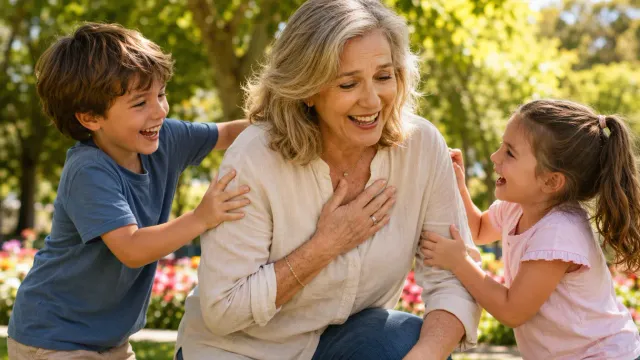 Older woman outdoors with two children, holding her chest while experiencing heart palpitations and fatigue, illustrating common cardiovascular symptoms that can occur during menopause.