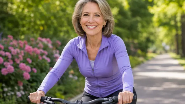 A vibrant woman in her 60s cycling along a sunlit path, radiating vitality, joint health, and flexibility. This scene captures the essence of an active lifestyle and the power of healthy aging habits in maintaining lifelong mobility.