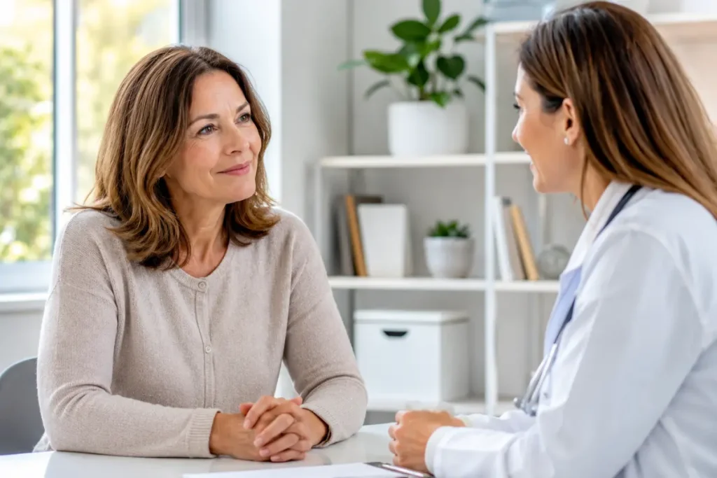 Middle-aged woman discussing menopause and heart health concerns with a healthcare professional during a medical consultation.