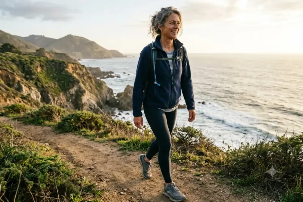 travel after 50 A woman walking a coastal trail at golden hour, looking energized and at ease