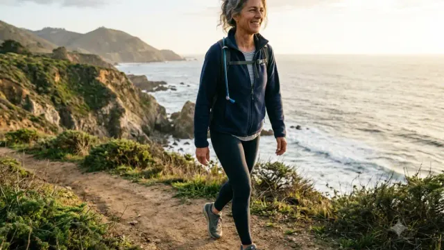travel after 50 A woman walking a coastal trail at golden hour, looking energized and at ease