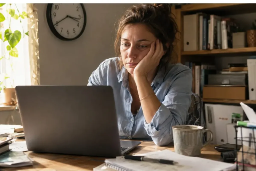 Afternoon fatigue over 50, a woman is experiencing afternoon fatigue while working at her computer