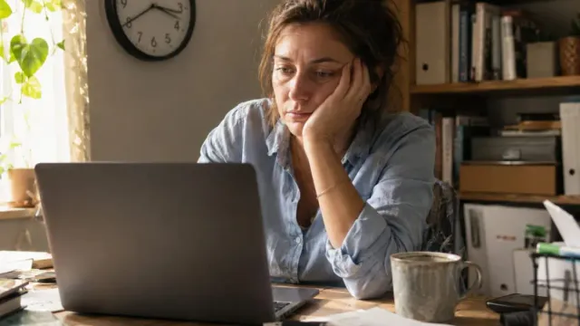 Afternoon fatigue over 50, a woman is experiencing afternoon fatigue while working at her computer