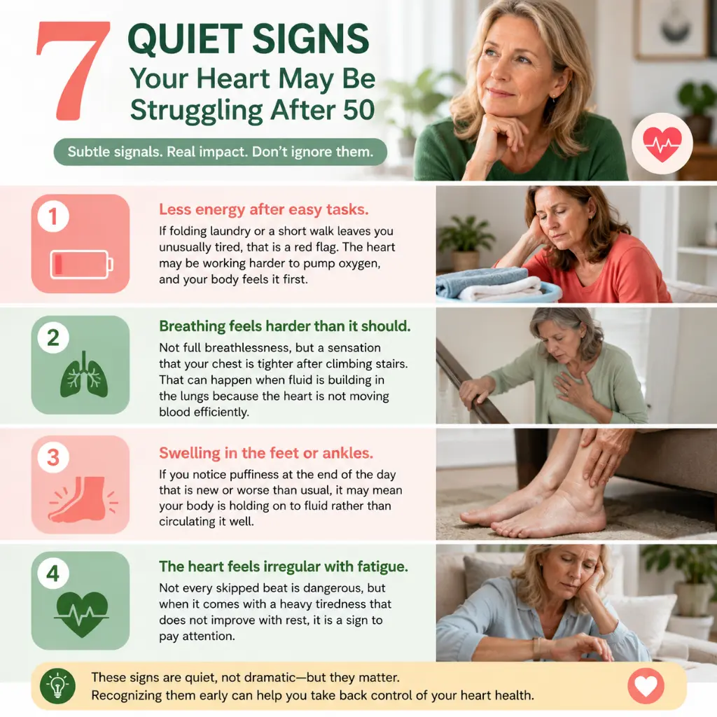Infographic highlighting seven subtle signs of heart problems after age 50, including fatigue, shortness of breath, swelling in the feet or ankles, and heart palpitations accompanied by tiredness.