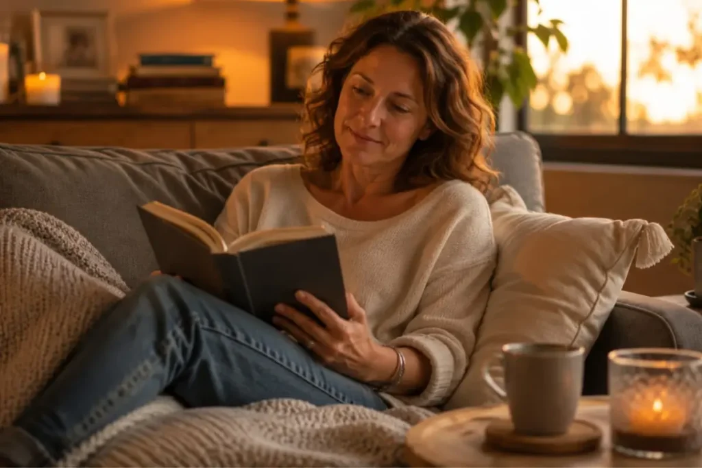Woman overcoming afternoon fatigue over 50 and enjoying a relaxing evening