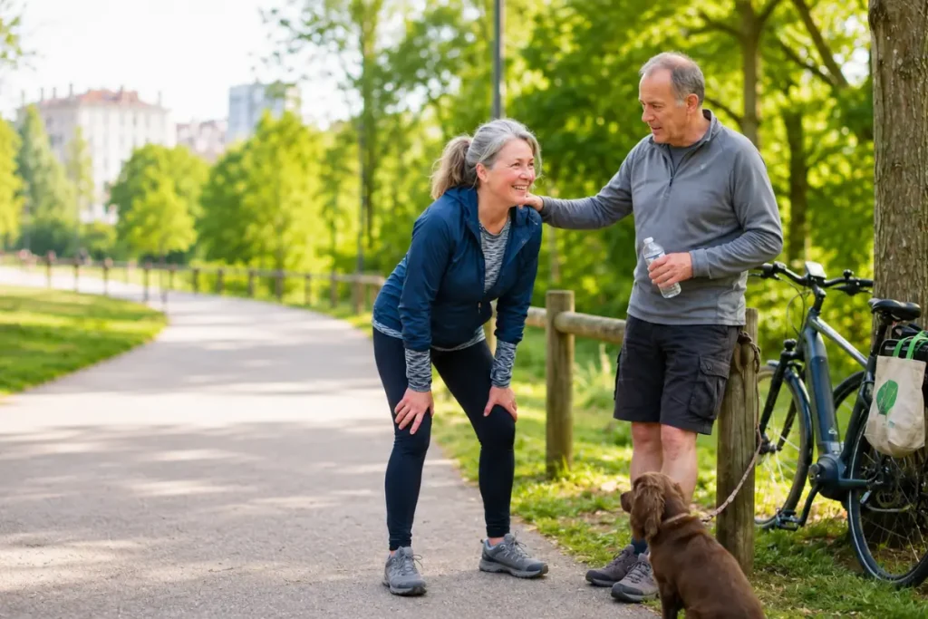 A mature couple strolls through a lush, verdant park with their dog, sharing a quiet, supportive moment of companionship amidst the tranquil greenery.