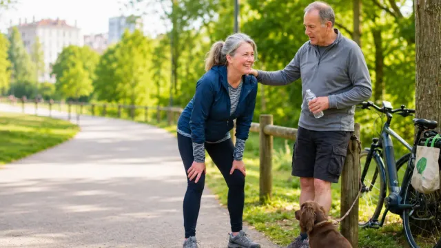 A mature couple strolls through a lush, verdant park with their dog, sharing a quiet, supportive moment of companionship amidst the tranquil greenery.
