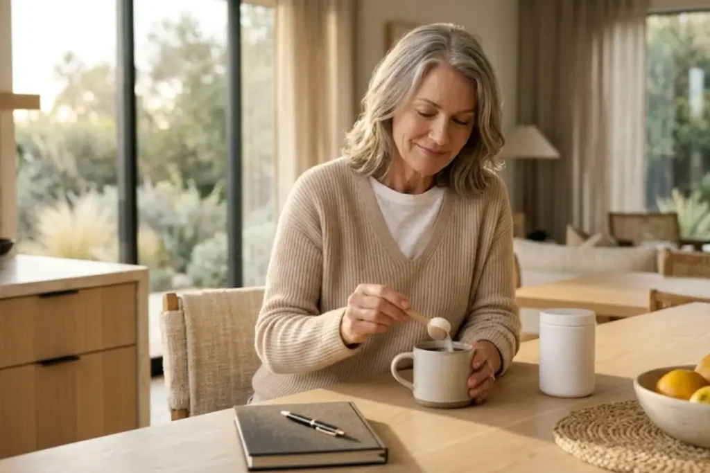 Collagen for Menopause: The Powerful Truth After 50 6 Collagen for menopause with a mature woman enjoying her morning routine