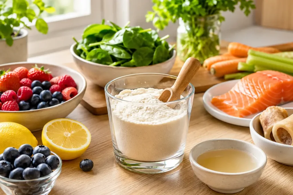 Collagen for Gut Health: 7 Honest Truths After 50 2 Collagen for Gut Health After 50 | Collagen powder surrounded by salmon, bone broth, spinach, berries, lemon, and fresh vegetables, illustrating collagen-rich foods and nutrients that support gut health after age 50.