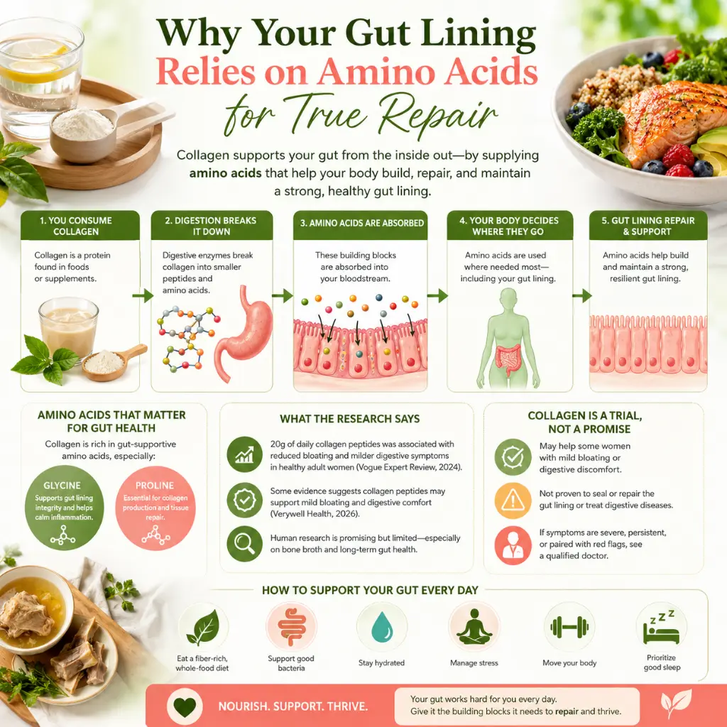 Collagen for Gut Health: Infographic explaining how collagen is digested into amino acids that help support the gut lining, featuring a step-by-step digestive process, gut health nutrients, research highlights, and daily wellness habits.