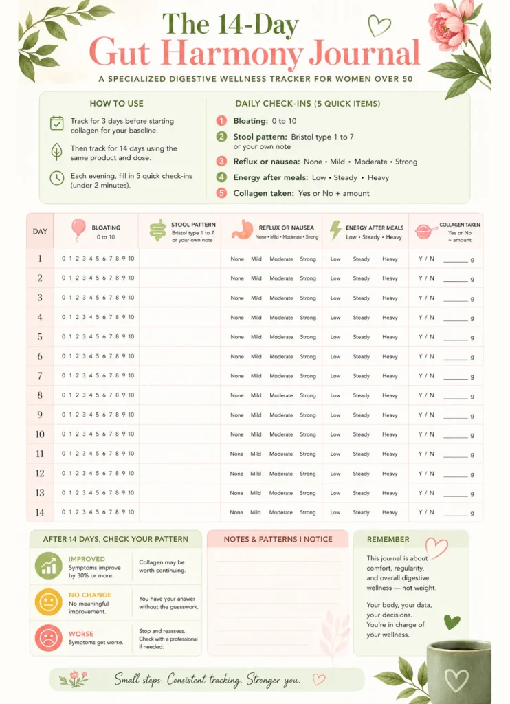 Collagen for Gut Health: Printable 14-day gut harmony journal for women over 50 with daily tracking for bloating, stool pattern, reflux, energy after meals, collagen intake, symptom notes, and digestive wellness progress.