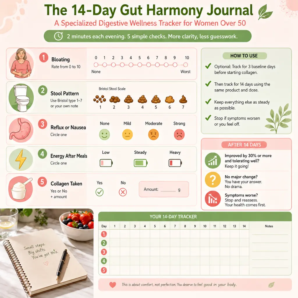 Collagen for Gut Health: Printable 14-day gut health journal for women over 50 with daily tracking for bloating, stool pattern, reflux, energy after meals, collagen intake, and digestive wellness progress.