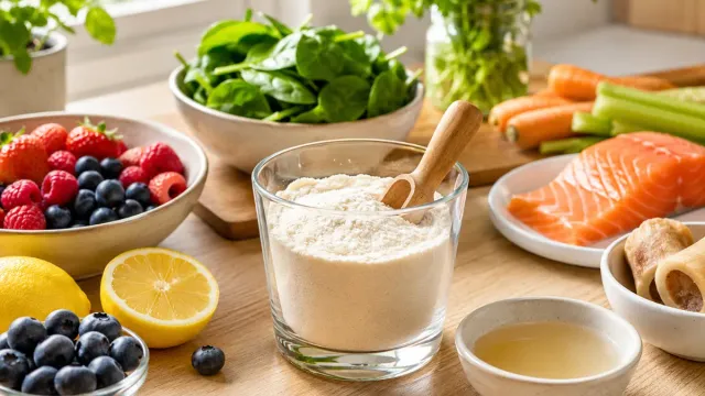 Collagen for Gut Health After 50 | Collagen powder surrounded by salmon, bone broth, spinach, berries, lemon, and fresh vegetables, illustrating collagen-rich foods and nutrients that support gut health after age 50.