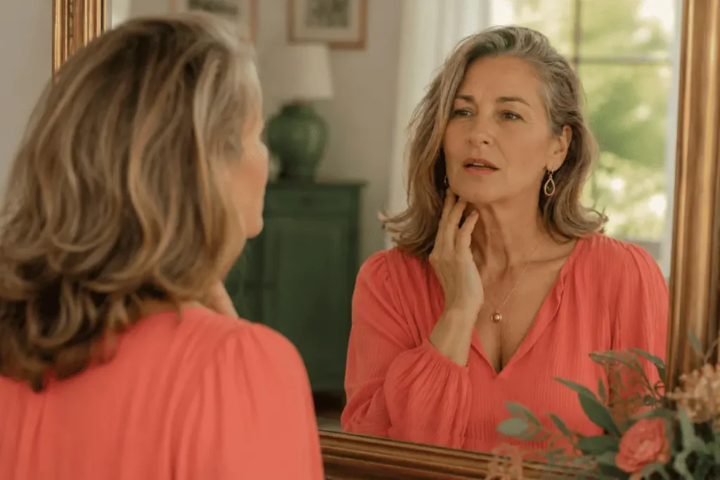 neck wrinkles at 50 shown on a confident, radiant mature woman